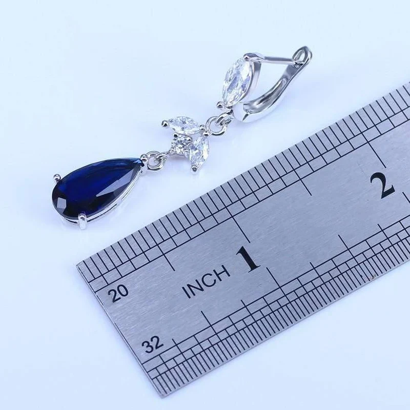 Blauer Zirkonia, weiße CZ, 925er Silber, Schmucksets für Damen, Ohrringe/Anhänger/Halskette/Ringe
