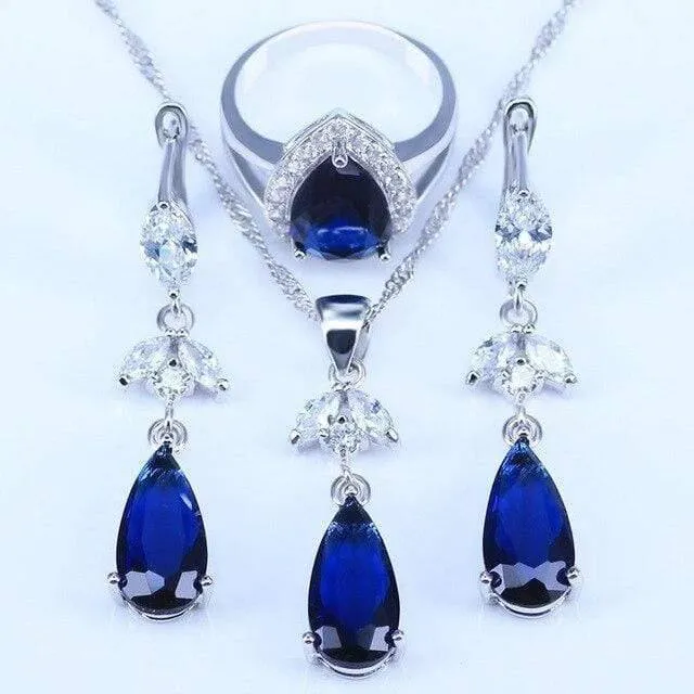 Blauer Zirkonia, weiße CZ, 925er Silber, Schmucksets für Damen, Ohrringe/Anhänger/Halskette/Ringe