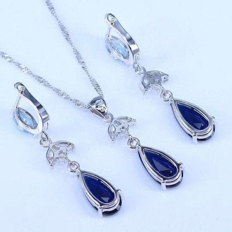 Blauer Zirkonia, weiße CZ, 925er Silber, Schmucksets für Damen, Ohrringe/Anhänger/Halskette/Ringe