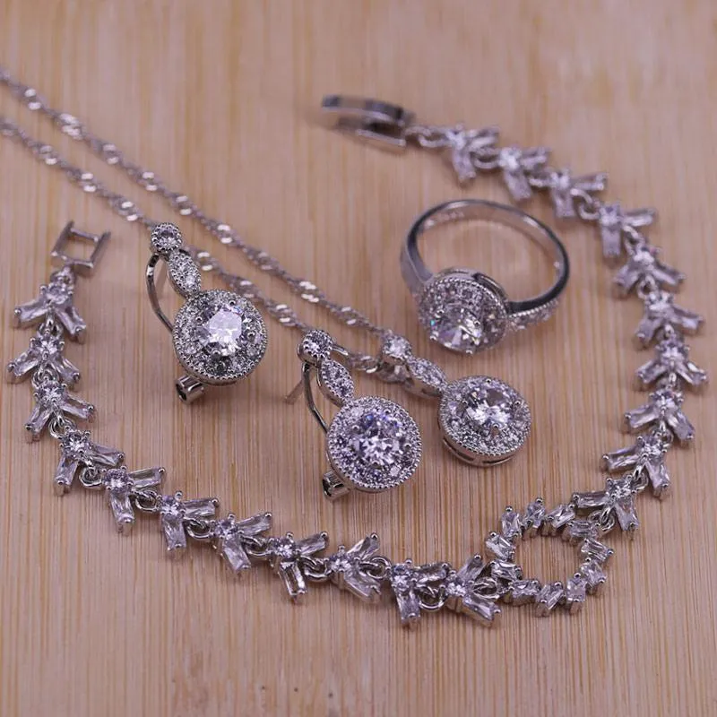 Zirkonia 925 Sterling Silber Hochzeit Schmuck Sets Ohrringe Anhänger Halskette Ringe Größe 6-10