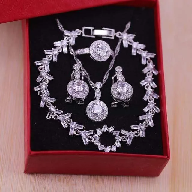 Zirkonia 925 Sterling Silber Hochzeit Schmuck Sets Ohrringe Anhänger Halskette Ringe Größe 6-10