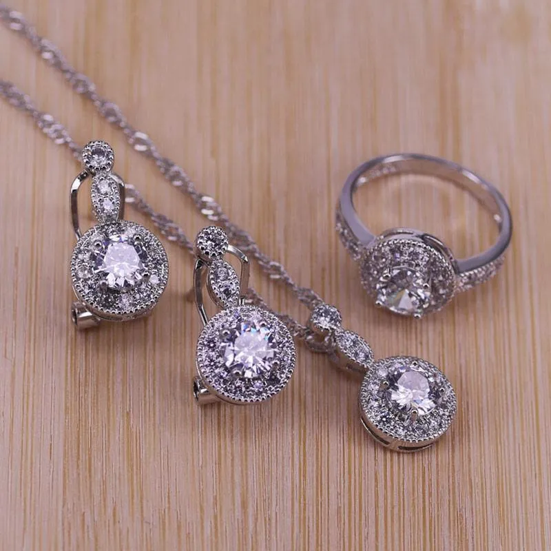 Zirkonia 925 Sterling Silber Hochzeit Schmuck Sets Ohrringe Anhänger Halskette Ringe Größe 6-10