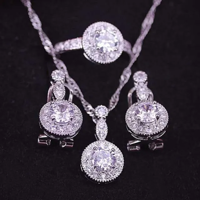 Zirkonia 925 Sterling Silber Hochzeit Schmuck Sets Ohrringe Anhänger Halskette Ringe Größe 6-10