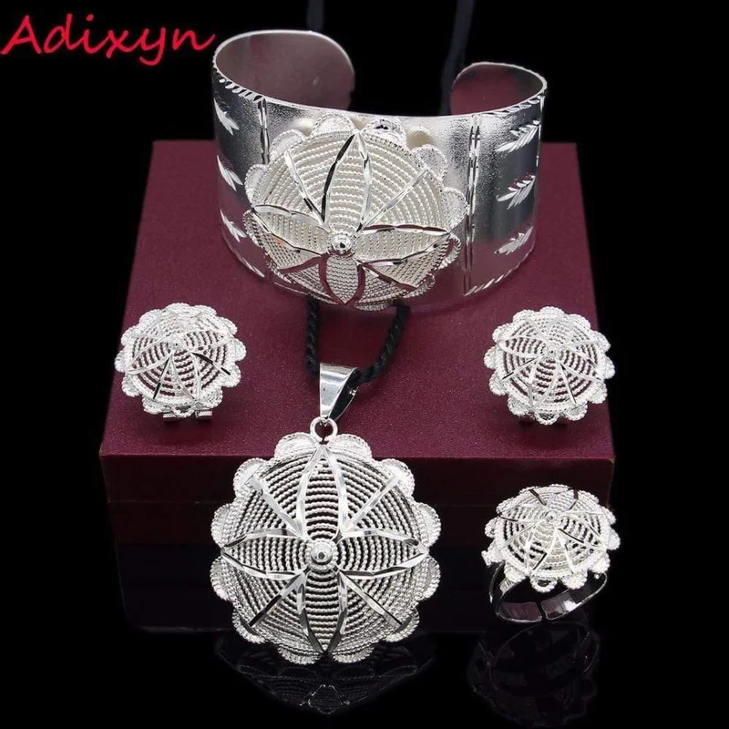 Schmuckset, versilbert, eritreische/äthiopische/afrikanische Halskette/Anhänger/Armreif/Ohrring/Ring, Hochzeitsschmuck-Sets