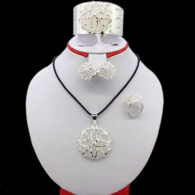 Schmuckset, versilbert, eritreische/äthiopische/afrikanische Halskette/Anhänger/Armreif/Ohrring/Ring, Hochzeitsschmuck-Sets