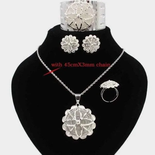 Schmuckset, versilbert, eritreische/äthiopische/afrikanische Halskette/Anhänger/Armreif/Ohrring/Ring, Hochzeitsschmuck-Sets