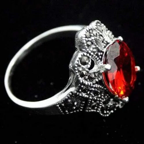 925 S SILBER 17*22mm FACETTIERTER ROT MARKASIT RING GRÖßE 7/8/9/10 Jubiläumsgeschenk