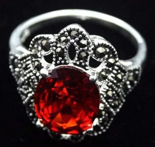 925 S SILBER 17*22mm FACETTIERTER ROT MARKASIT RING GRÖßE 7/8/9/10 Jubiläumsgeschenk