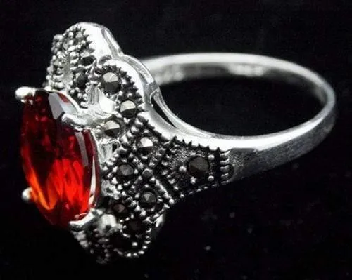 925 S SILBER 17*22mm FACETTIERTER ROT MARKASIT RING GRÖßE 7/8/9/10 Jubiläumsgeschenk