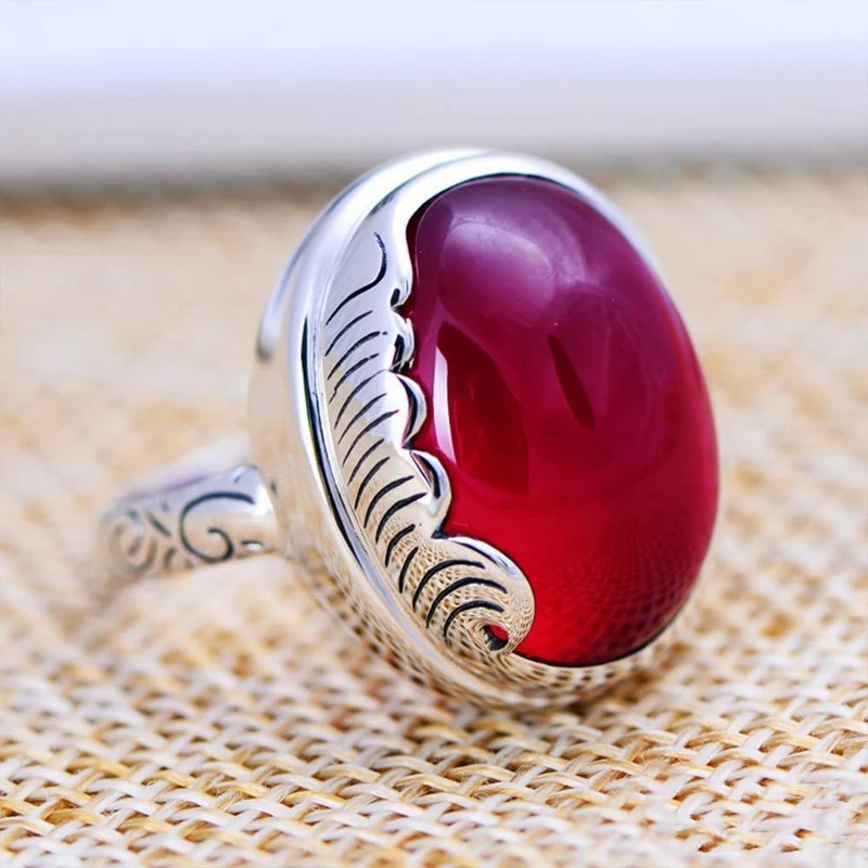 Vintage Natural Red Corundum Ring mit Fisch Muster Solid 925 Sterling Silber Ring für Frauen; s Party Hochzeit Schmuck