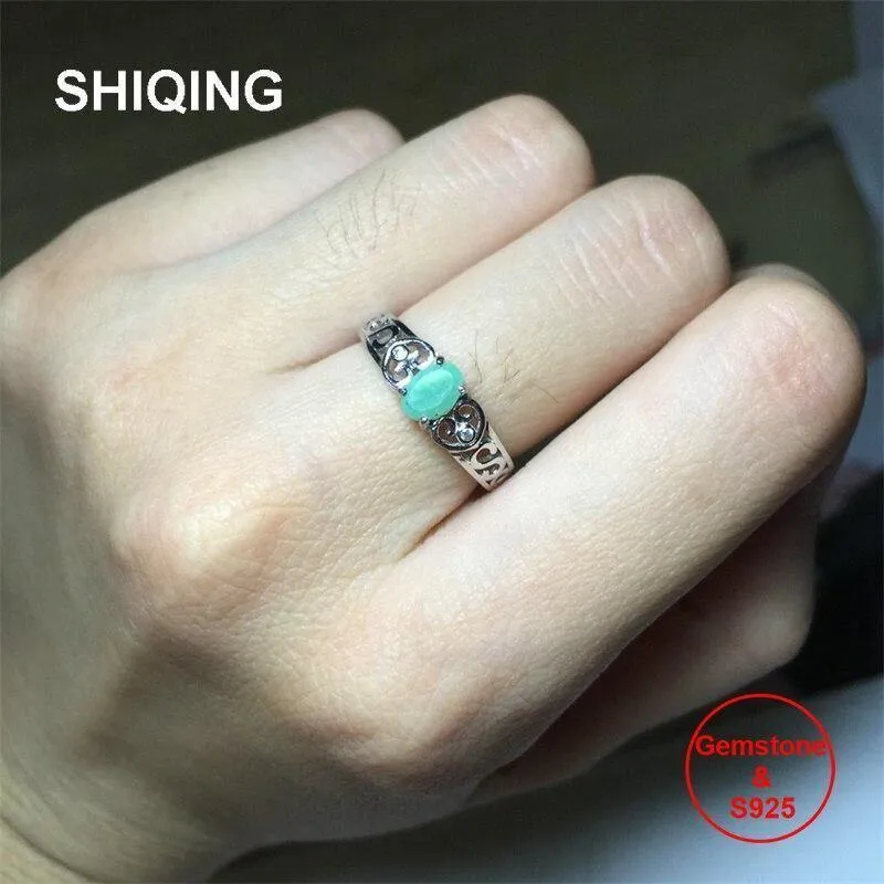 Naturgrüner Smaragdring, Vintage Art Deco Ring, Herz Buchstabe S Sterling Silber Ringe für Frauen