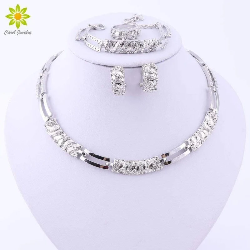 Mode versilbert Schmuck Sets Kristall afrikanische Perlen Halskette Ohrringe Ring Armband Set für Frauen