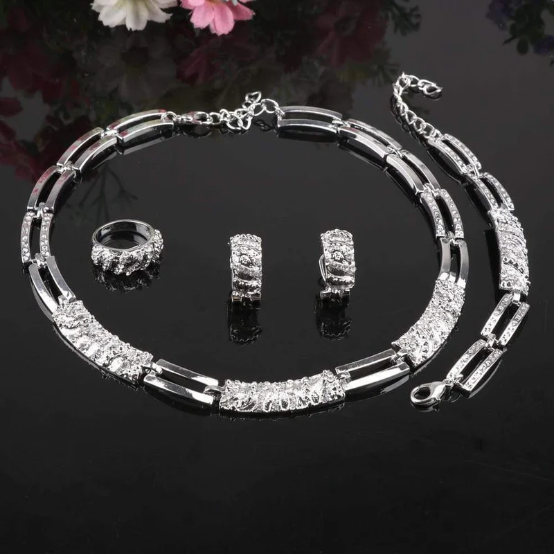 Mode versilbert Schmuck Sets Kristall afrikanische Perlen Halskette Ohrringe Ring Armband Set für Frauen