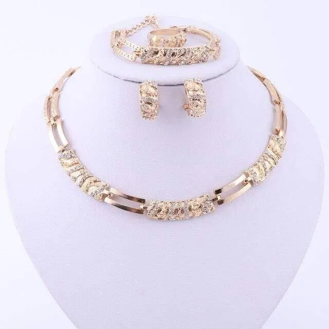 Mode versilbert Schmuck Sets Kristall afrikanische Perlen Halskette Ohrringe Ring Armband Set für Frauen