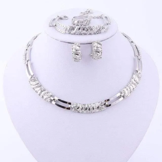 Mode versilbert Schmuck Sets Kristall afrikanische Perlen Halskette Ohrringe Ring Armband Set für Frauen