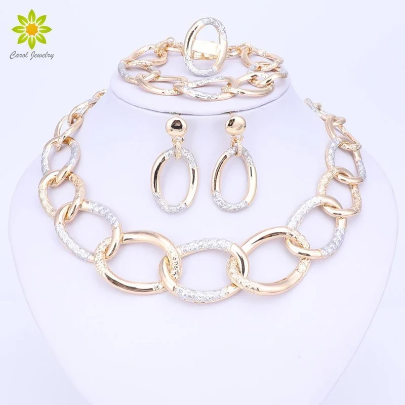 Frauen Braut Hochzeit Schmuck Sets Hohe Qualität Gold Farbe Halskette Ohrringe Armband Ring Für Party