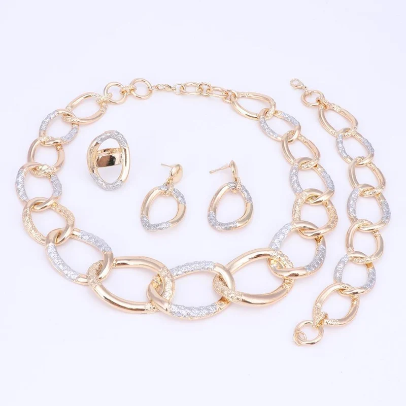Frauen Braut Hochzeit Schmuck Sets Hohe Qualität Gold Farbe Halskette Ohrringe Armband Ring Für Party