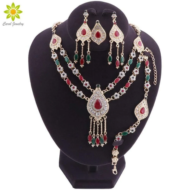Schmuckset Rot Grün Kristall Dubai Braut Gold Farbe Halskette Sets Party Indischer Schmuck