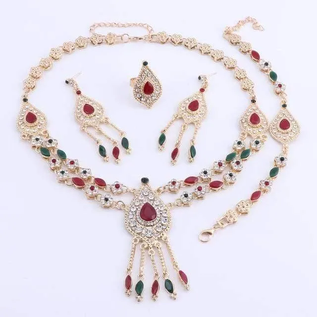 Schmuckset Rot Grün Kristall Dubai Braut Gold Farbe Halskette Sets Party Indischer Schmuck