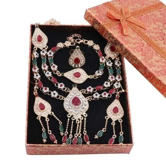 Schmuckset Rot Grün Kristall Dubai Braut Gold Farbe Halskette Sets Party Indischer Schmuck