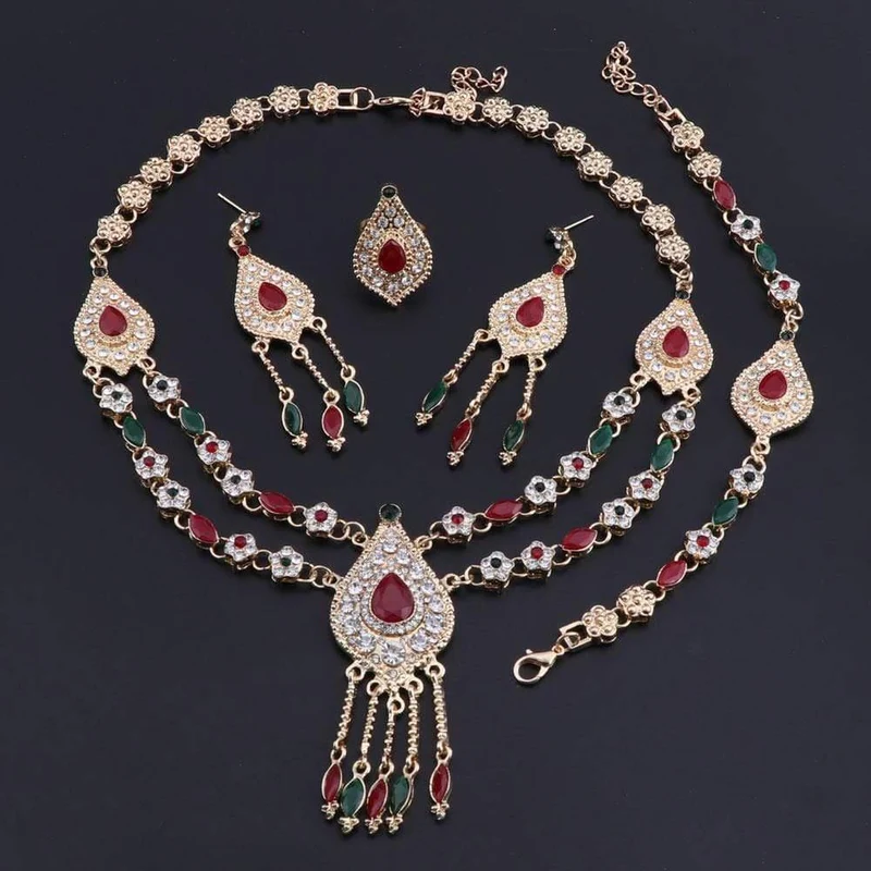 Schmuckset Rot Grün Kristall Dubai Braut Gold Farbe Halskette Sets Party Indischer Schmuck
