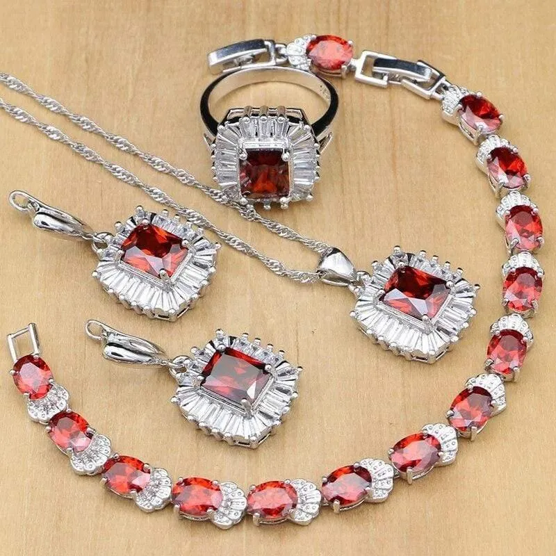 925 silber Schmuck Sets Rot Zirkon Weiß Kristall Perlen Für Frauen Hochzeit Ohrringe/Ringe/Halskette Set Dropshipping