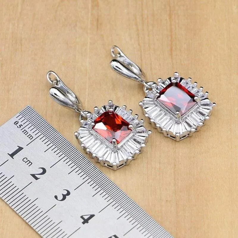 925 silber Schmuck Sets Rot Zirkon Weiß Kristall Perlen Für Frauen Hochzeit Ohrringe/Ringe/Halskette Set Dropshipping
