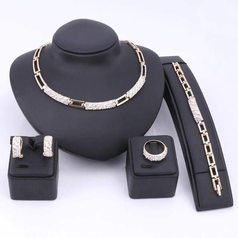 Schmuck-Sets mit CZ-Kristallen und Emaille, Halskette, Ohrringe, Ring, Armband, Schmuck-Set in Goldfarbe, Statement-Accessoires
