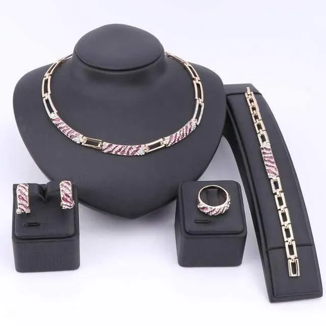 Schmuck-Sets mit CZ-Kristallen und Emaille, Halskette, Ohrringe, Ring, Armband, Schmuck-Set in Goldfarbe, Statement-Accessoires