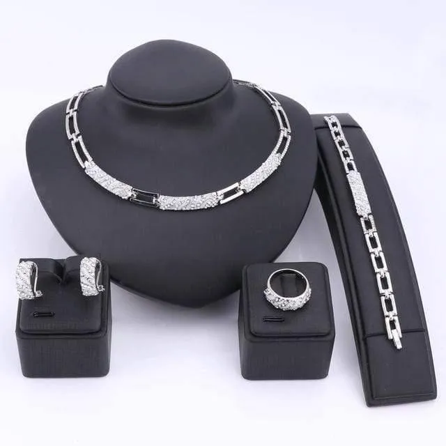 Schmuck-Sets mit CZ-Kristallen und Emaille, Halskette, Ohrringe, Ring, Armband, Schmuck-Set in Goldfarbe, Statement-Accessoires