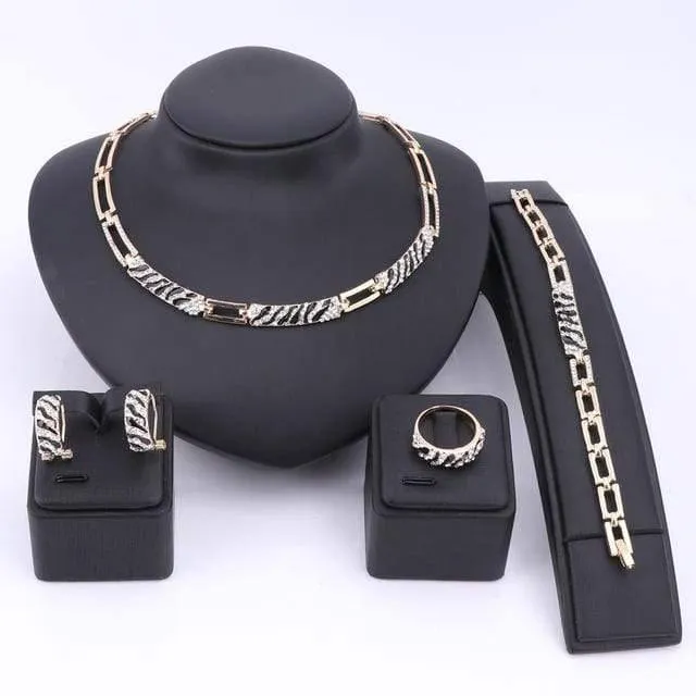 Schmuck-Sets mit CZ-Kristallen und Emaille, Halskette, Ohrringe, Ring, Armband, Schmuck-Set in Goldfarbe, Statement-Accessoires