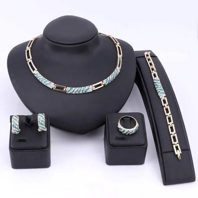 Schmuck-Sets mit CZ-Kristallen und Emaille, Halskette, Ohrringe, Ring, Armband, Schmuck-Set in Goldfarbe, Statement-Accessoires