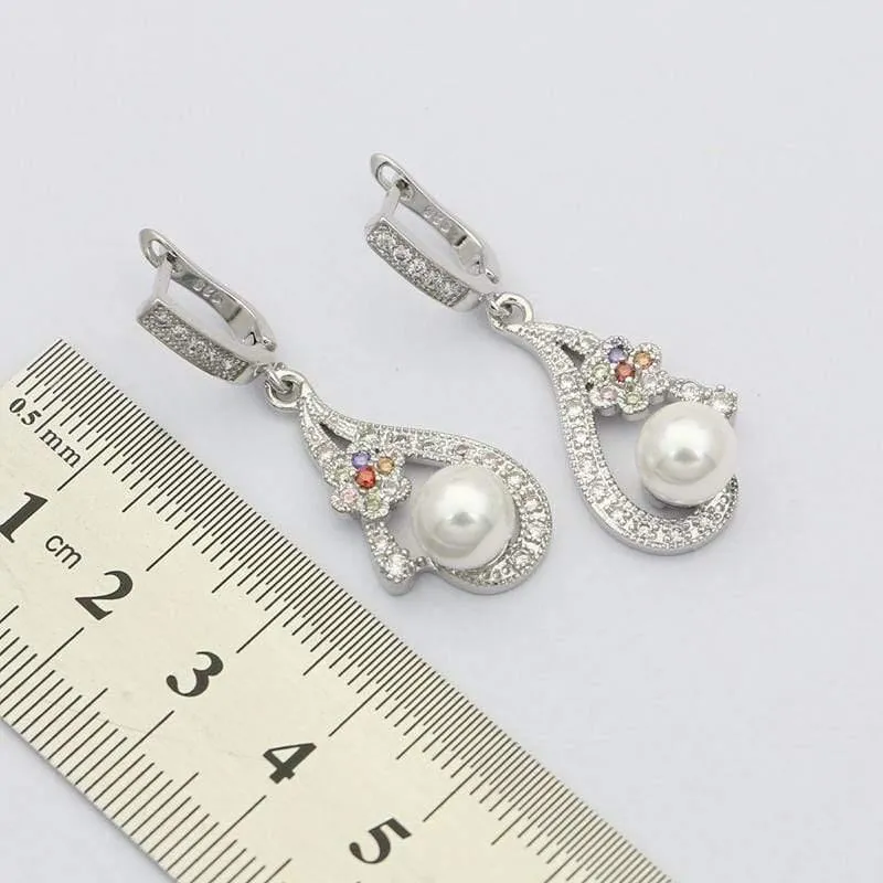 Weiße Perle 925 Silber Schmuck Sets für Frauen Hochzeit Ohrringe mit Stein Anhänger Perlen Halskette Set