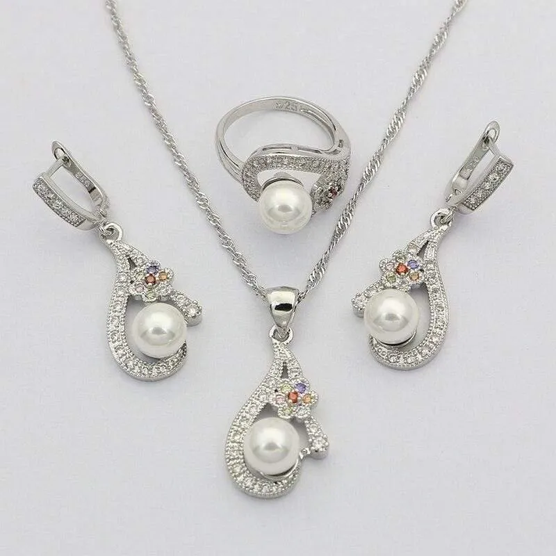 Weiße Perle 925 Silber Schmuck Sets für Frauen Hochzeit Ohrringe mit Stein Anhänger Perlen Halskette Set