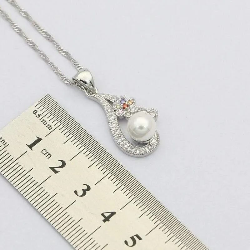 Weiße Perle 925 Silber Schmuck Sets für Frauen Hochzeit Ohrringe mit Stein Anhänger Perlen Halskette Set