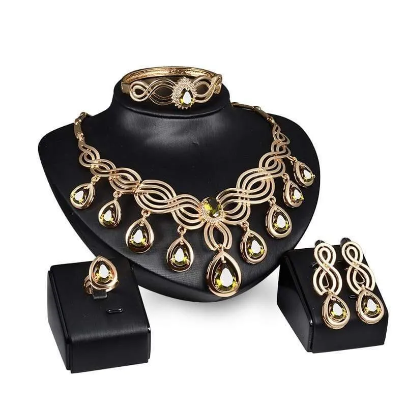 Kristall Wassertropfen Rot Schwarz Grün Zirkon Halskette Schmucksets Klassisches Design Goldfarbe Frauen Party Geschenk
