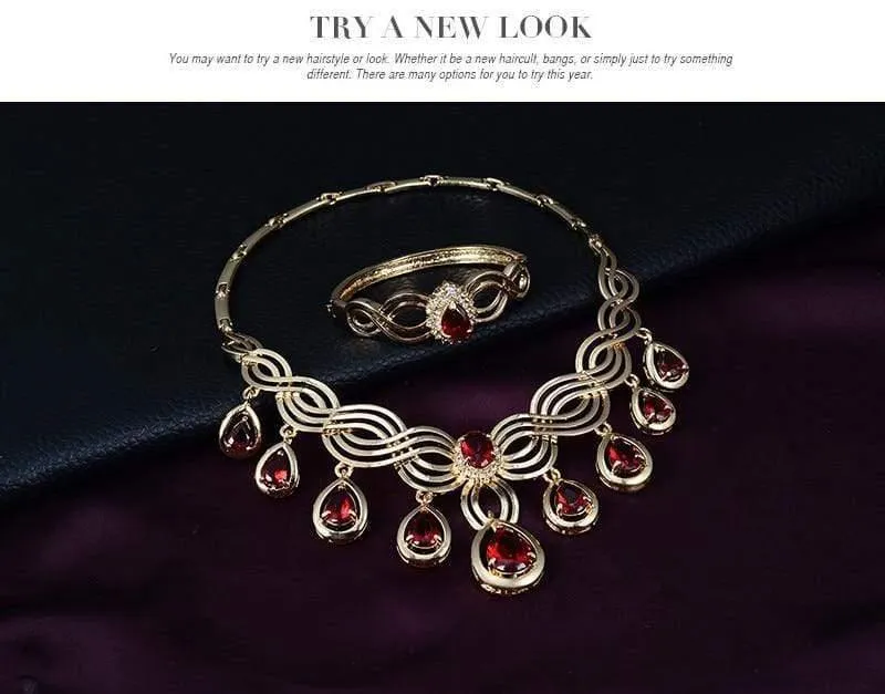 Kristall Wassertropfen Rot Schwarz Grün Zirkon Halskette Schmucksets Klassisches Design Goldfarbe Frauen Party Geschenk