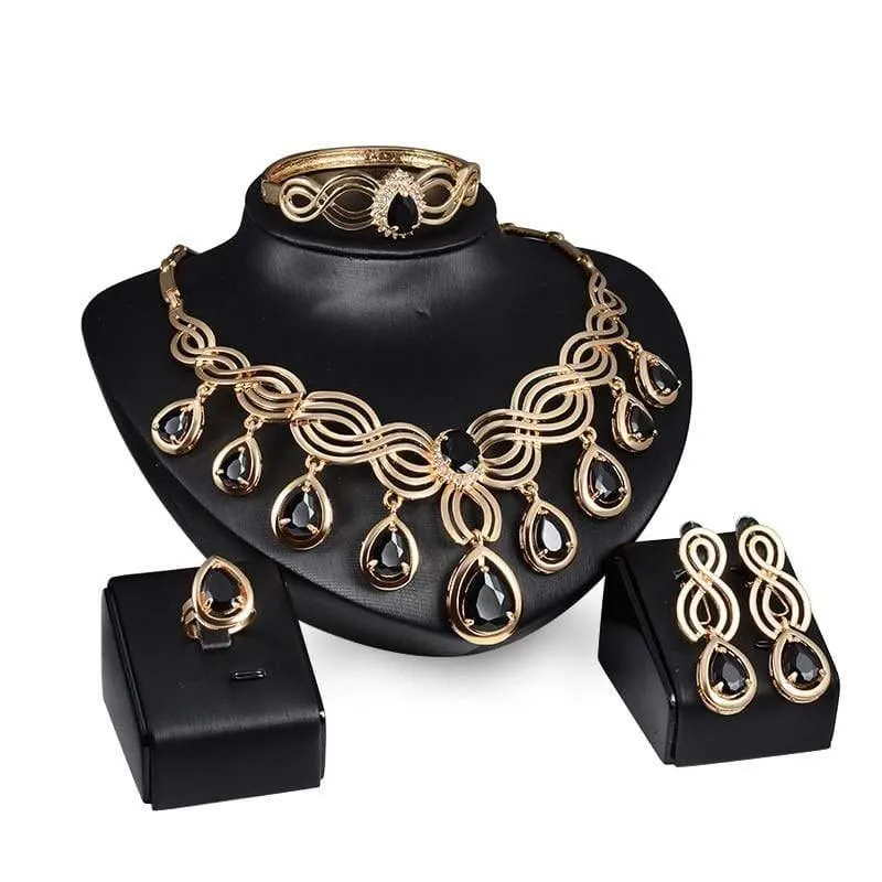 Kristall Wassertropfen Rot Schwarz Grün Zirkon Halskette Schmucksets Klassisches Design Goldfarbe Frauen Party Geschenk