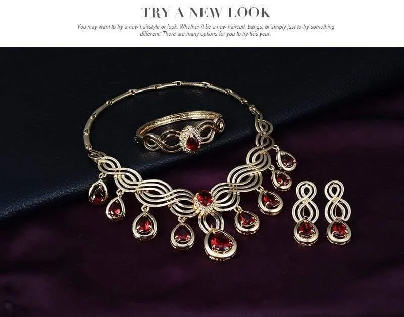 Kristall Wassertropfen Rot Schwarz Grün Zirkon Halskette Schmucksets Klassisches Design Goldfarbe Frauen Party Geschenk
