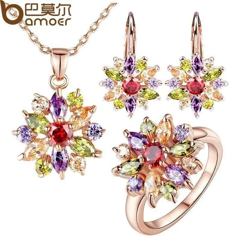 Schmuck-Sets in Roségold für Frauen mit hochwertigem mehrfarbigem AAA-Zirkon für Hochzeit und Verlobung ZH017