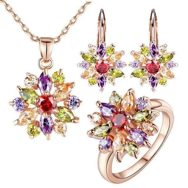 Schmuck-Sets in Roségold für Frauen mit hochwertigem mehrfarbigem AAA-Zirkon für Hochzeit und Verlobung ZH017