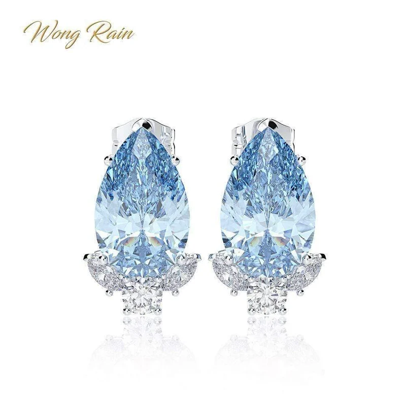 925 Sterling Silber Aquamarin Saphir Edelstein Diamanten Weißgold Ohrringe Ohrstecker Edlen Schmuck Großhandel