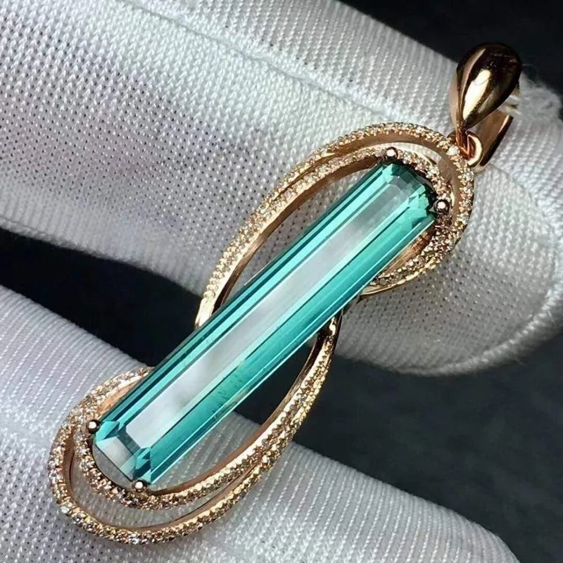 18 K, 100 % natürlicher grüner Turmalin, 3.7 ct, brasilianischer Ursprung, Diamanten, Edelstein, Diamant-Damen-Anhänger-Halsketten