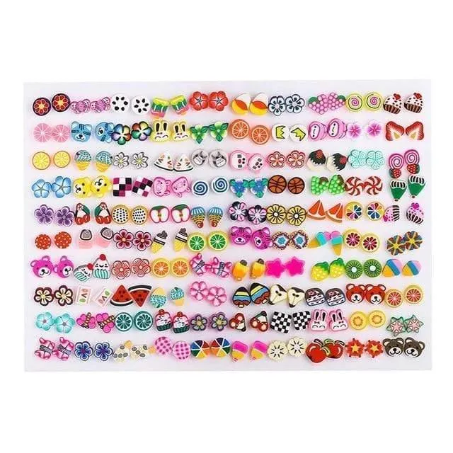 100 Paare / satz Zufällige Pflanze Obst Tier Ohrstecker Für Frauen Mädchen Kinder Schmuck Niedlichen Bären Polymer Clay Ohrring Set Mix Geschenke