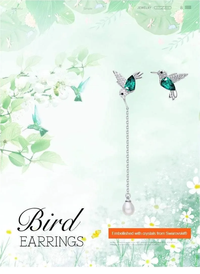 925 Sterling Silber Vogel Ohrringe verziert mit Kristall Ohrstecker für Frauen Piercing Oreja