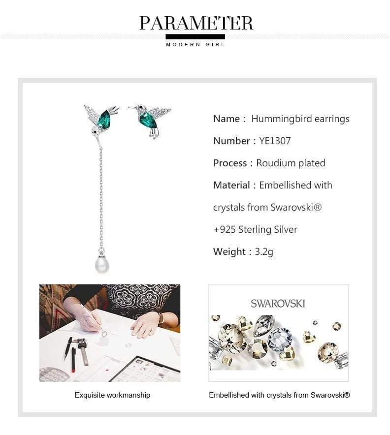 925 Sterling Silber Vogel Ohrringe verziert mit Kristall Ohrstecker für Frauen Piercing Oreja