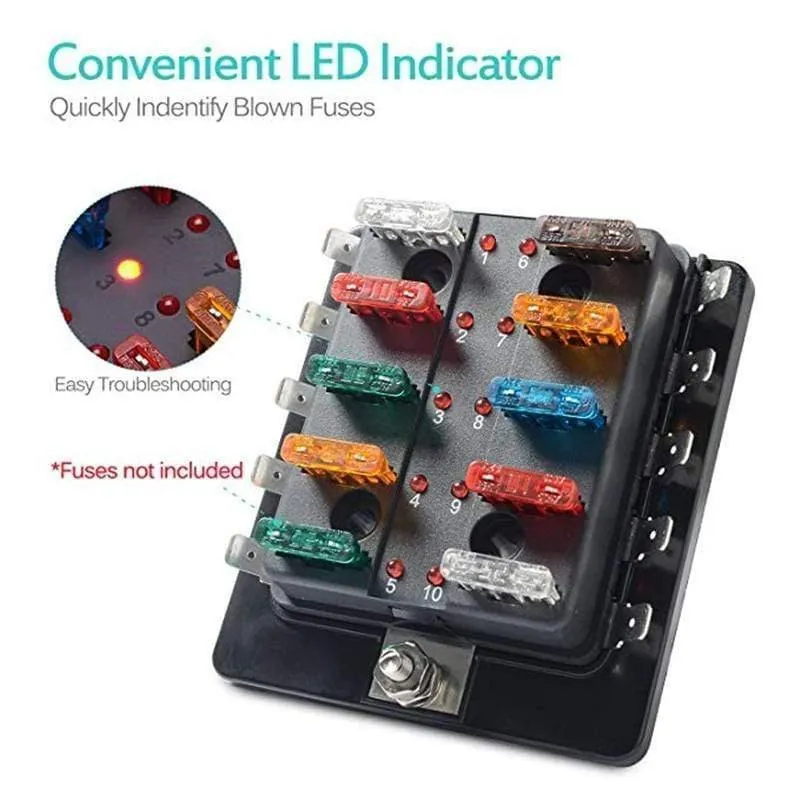 10-Kreis-10-Wege-ATC/ATO-Kfz-Flachsicherungshalterkasten, Sicherungsblock mit Abdeckung, hochwertiges Auto, LED-beleuchtet, 32 V