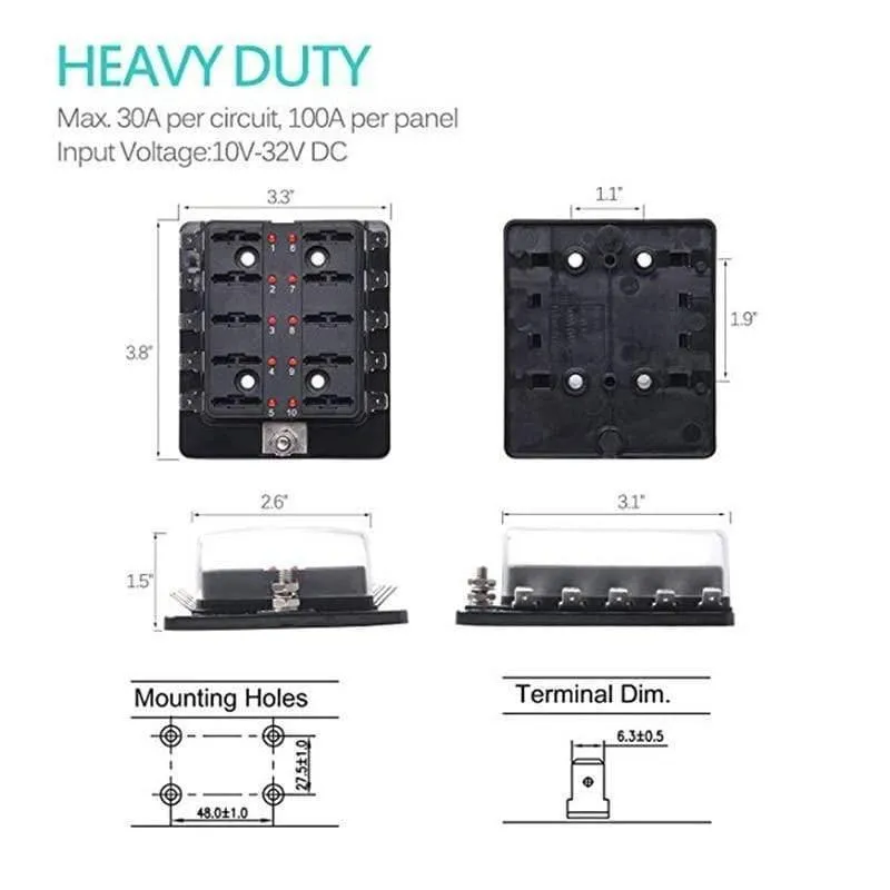 10-Kreis-10-Wege-ATC/ATO-Kfz-Flachsicherungshalterkasten, Sicherungsblock mit Abdeckung, hochwertiges Auto, LED-beleuchtet, 32 V