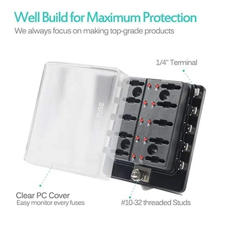 10-Kreis-10-Wege-ATC/ATO-Kfz-Flachsicherungshalterkasten, Sicherungsblock mit Abdeckung, hochwertiges Auto, LED-beleuchtet, 32 V