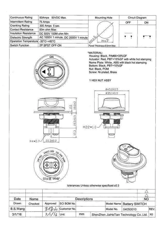 Ein / Aus Autobatterieschalter MAX 50V 50A CONT 75A INT Verwenden Sie den Batterietrennschalter für PKW / Geländewagen / LKW